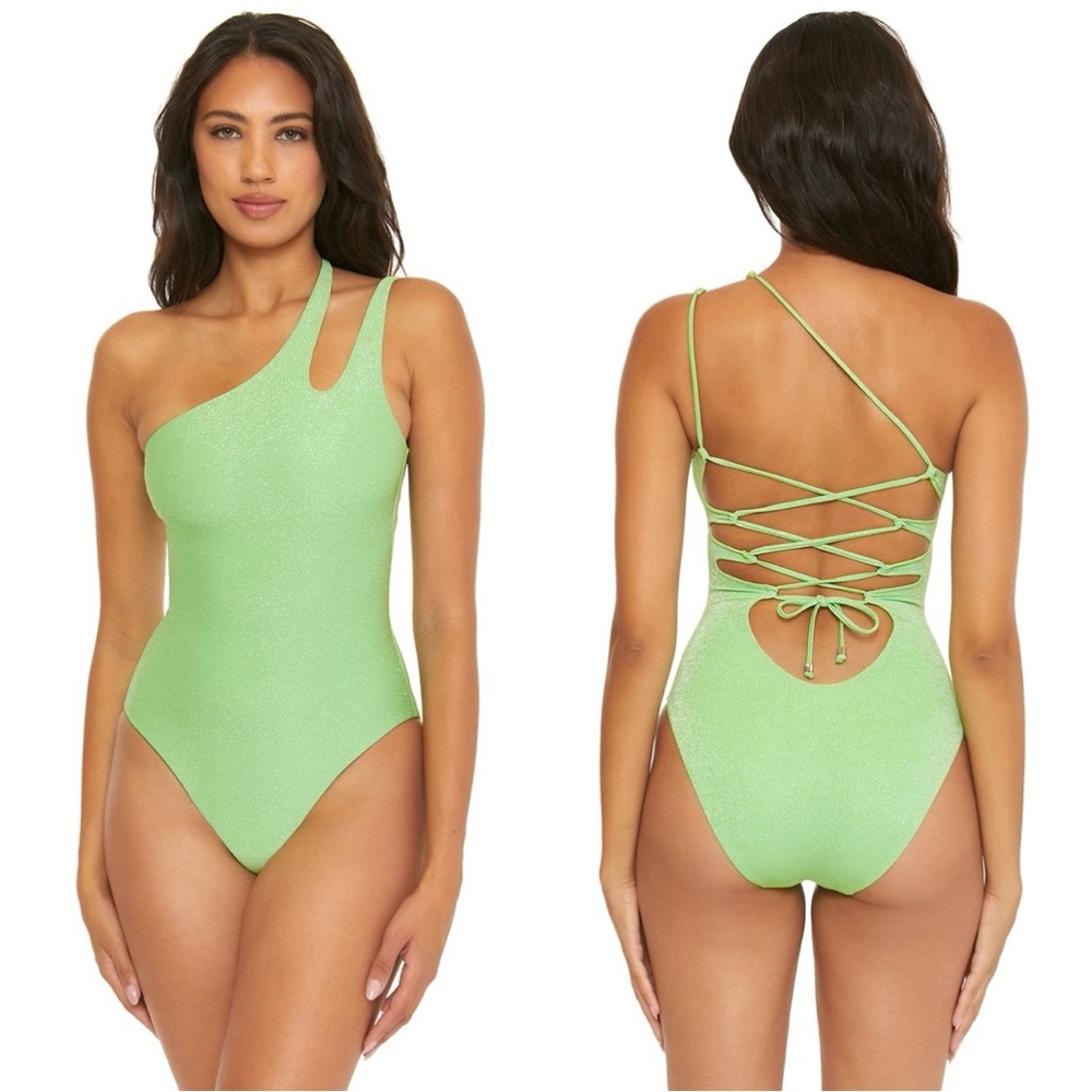 NWT BECCA Glimmer Violet Asymmetrical One-Piece Swimsuit Size Large